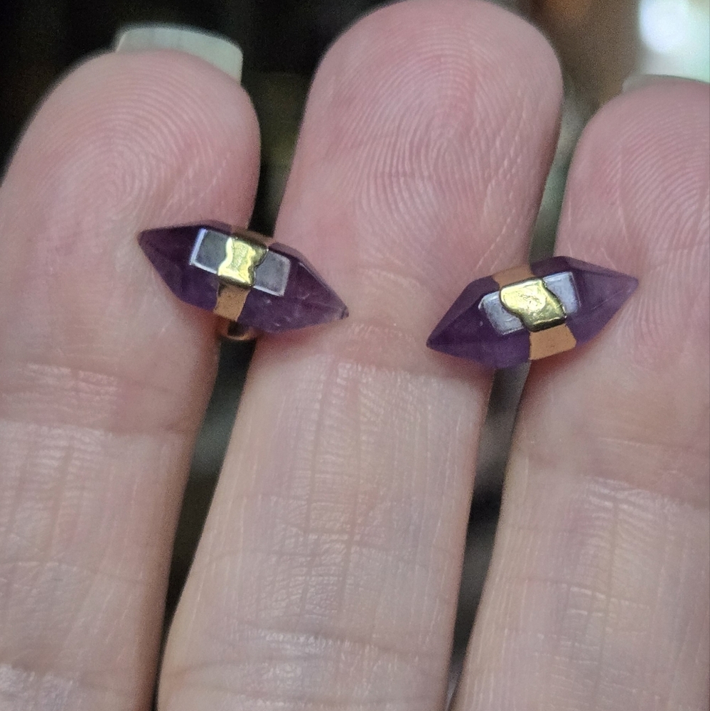 Amethyst natural crystal gemstone sterling & gold earrings - Picture 8 of 8